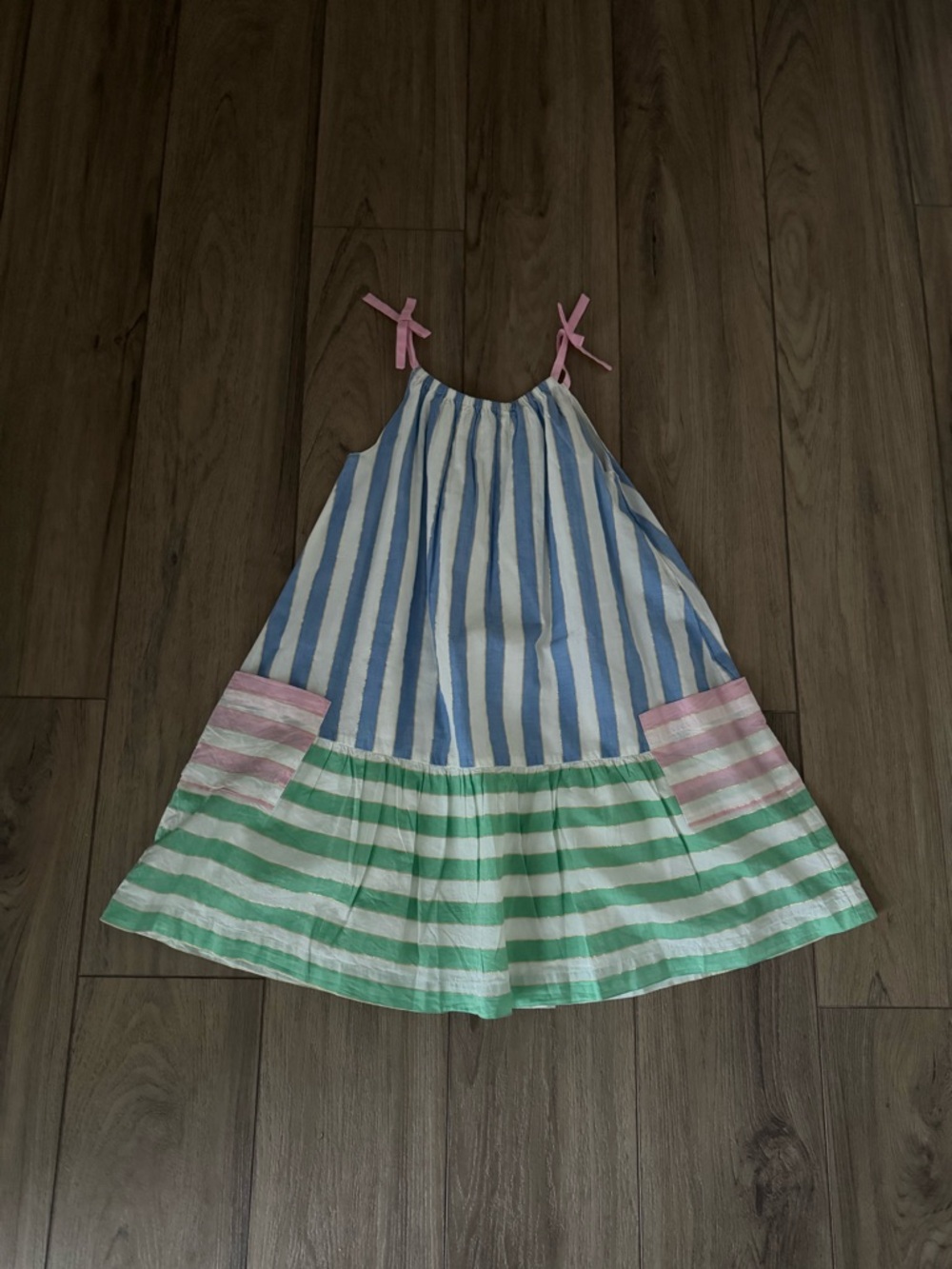 Mini Boden Girls' Striped Tie-Shoulder Sundress in Blue, Green & Pink NWOT 8-9y